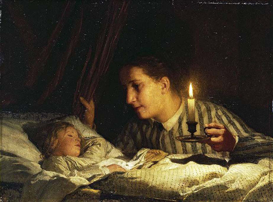 Young Mother Contemplating her Sleeping Child in Candlelight